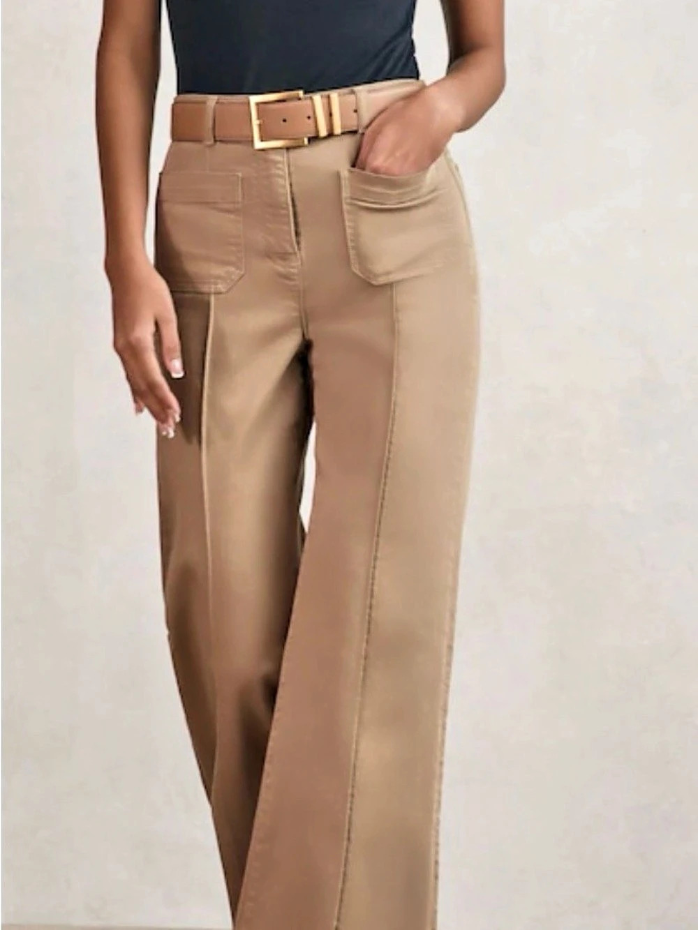 REISS Sakura Jeans 26R Taupe Neutral High Rise Patch Pocket Flare Stretch